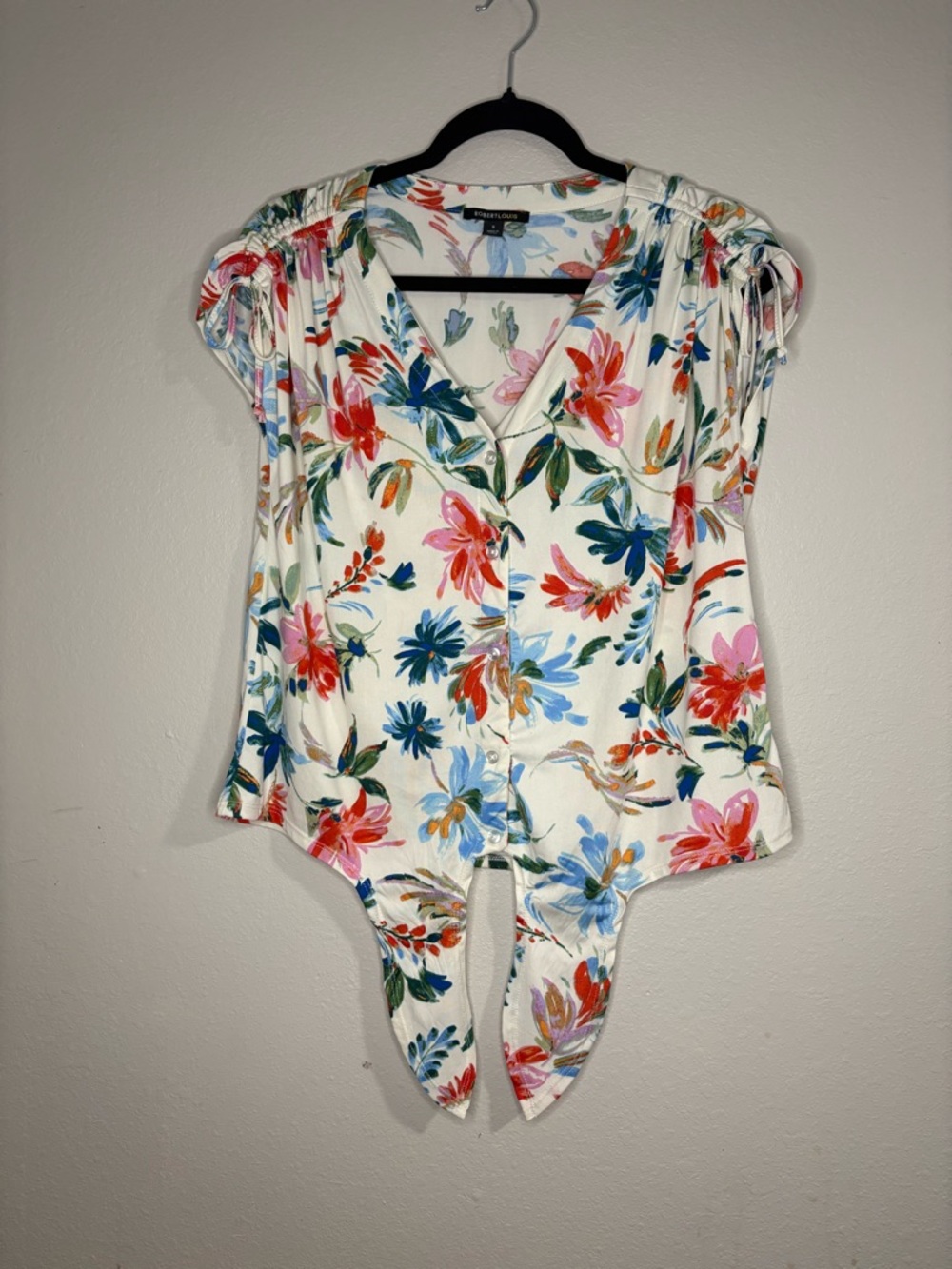Robert Louis White Floral Tie-Front V-Neck Blouse